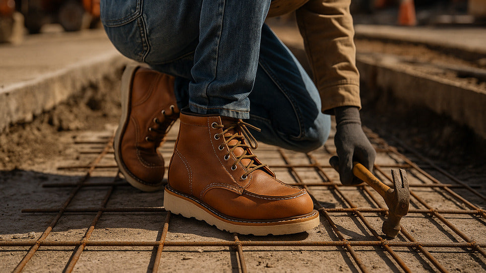 Close-up of a worker wearing tan moc toe leather boots, crouched on a construction site while securing steel rebar.