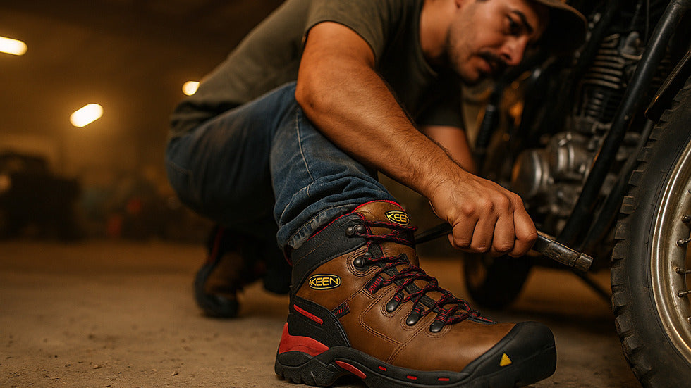 A male Latin American mechanic kneels beside a motorcycle in a sunlit garage, tightening a bolt. His brown KEEN steel-toe work boots with red and black accents are clearly visible, showing their rugged design and grip.