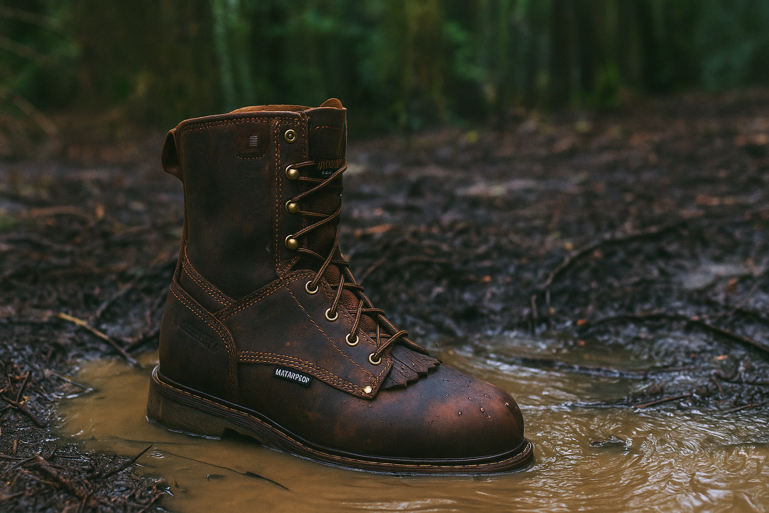 Brown leather waterproof work boot standing in a shallow muddy puddle on a forest trail.