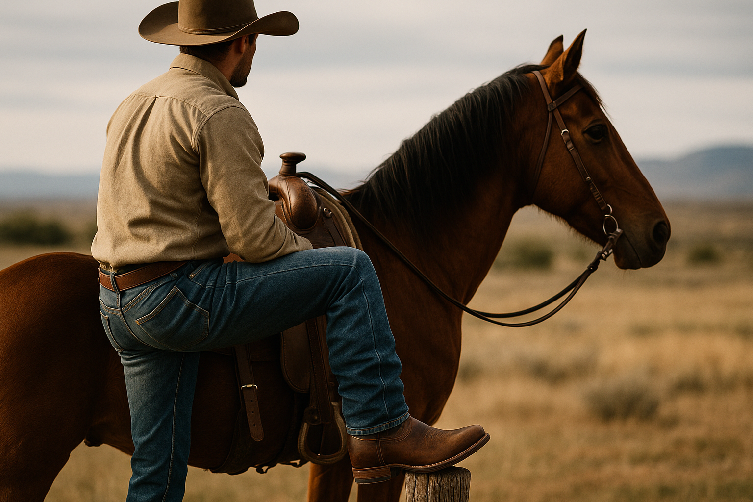 Cowboy wearing jeans and brown Durango boots rests his foot on a wooden post while sitting on a saddled horse in an open field.