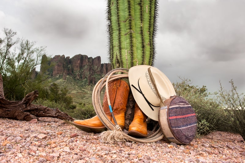 Comfortable Cowboy Boots, Whip, an Cowboy Hat in a Desert.
