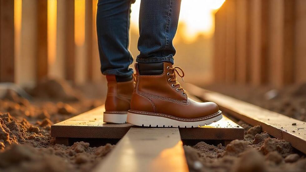 A close-up shot of a person wearing Wolverine Men's Loader 6" Soft Toe Waterproof Wedge Work Boots in café brown, standing confidently on wooden planks at a sunlit construction site.