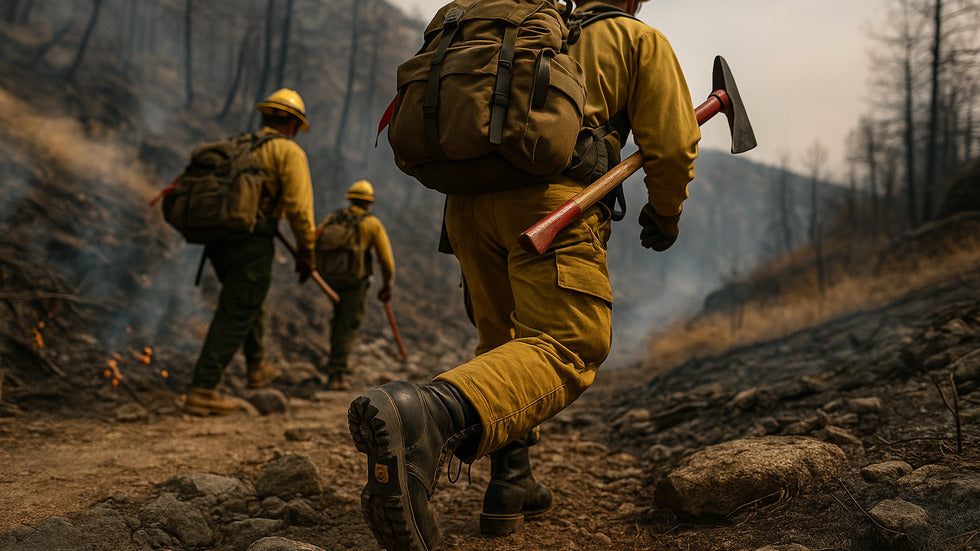 Three wildland firefighters in full gear navigate rocky, smoke-filled terrain during an intense blaze, showcasing grit, teamwork, and fire-resistant boots.