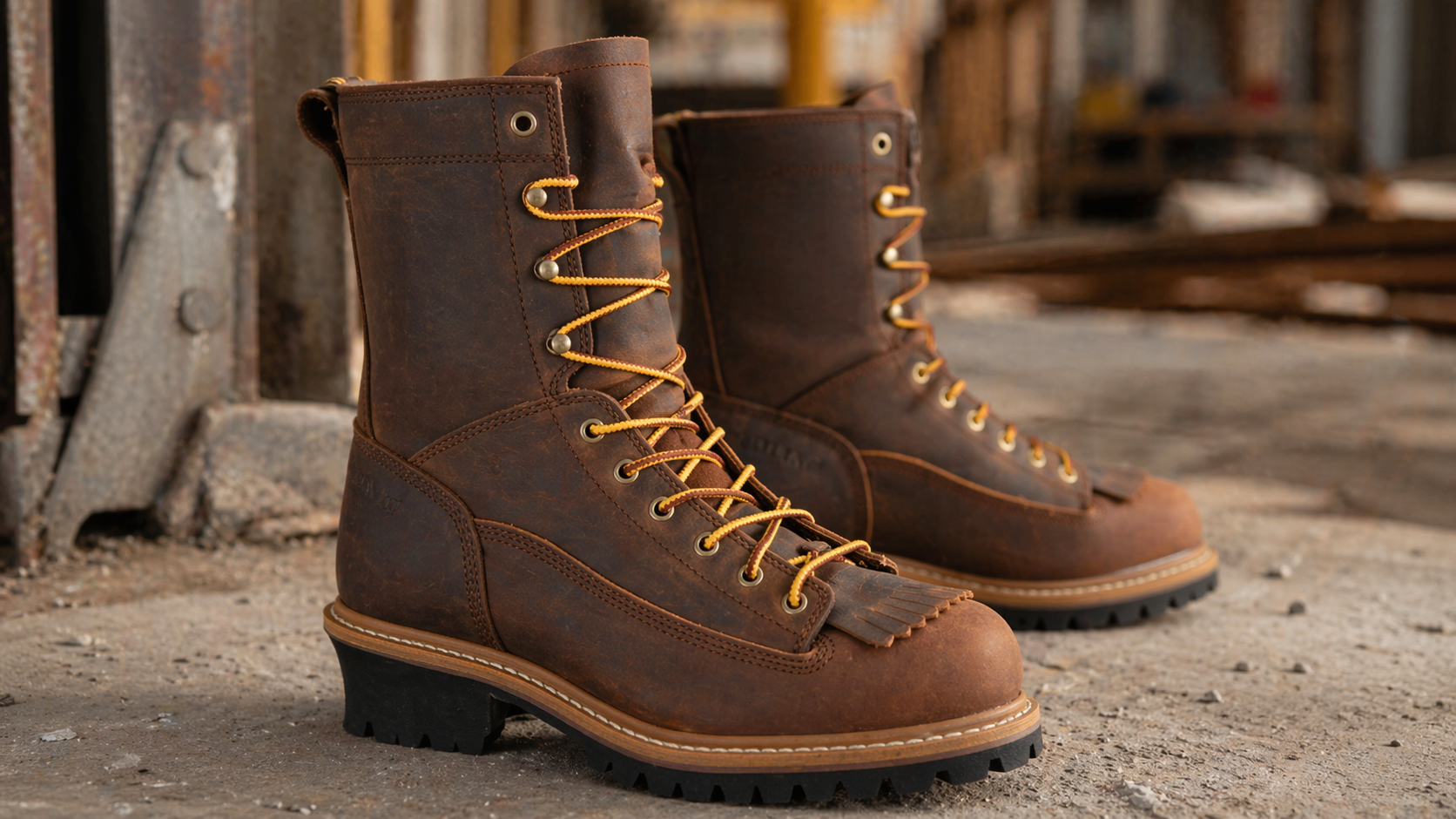 Brown leather steel toe boots on an industrial jobsite floor.