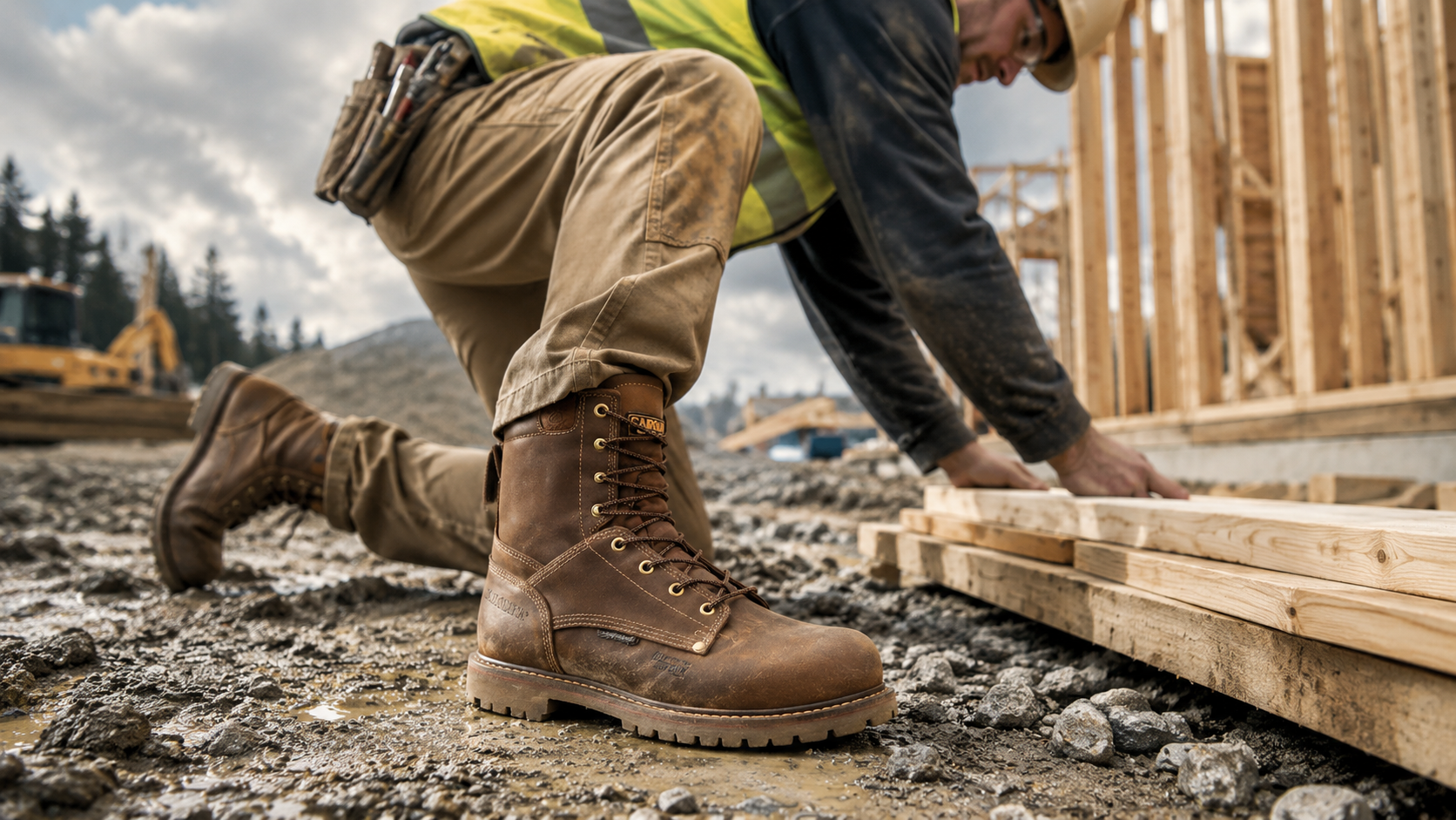 Construction worker kneeling on a gravel jobsite wearing brown composite toe work boots.