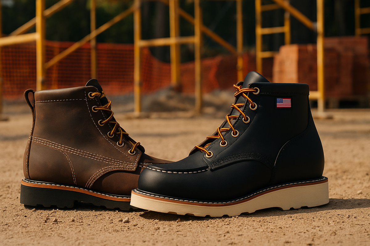 Danner and Thorogood work boots facing each other on a construction site, showcasing durable outsoles and rugged leather design for trade professionals.