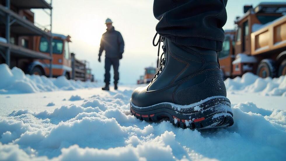 A winter job site scene featuring a close-up of a 8-Inch Composite Toe Work Boot, worn by a male construction worker standing confidently on a snow-packed ground.