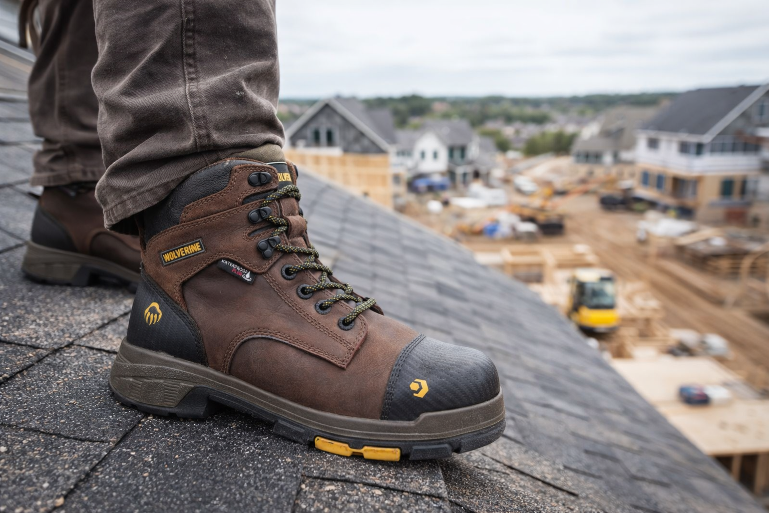 Roofer standing on a nearly completed roof wearing brown waterproof leather roofing boots with high-grip soles, shown in close-up with a slightly blurred construction site in the background.