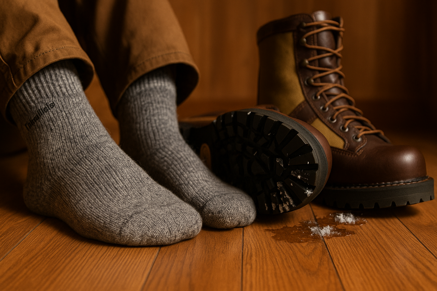 Close up of a tired outdoorsman’s feet in thick grey Thinsulate socks resting on a warm wooden floor, with his rugged brown leather and canvas work boots beside him, one on its side showing snow packed into the deep tread.
