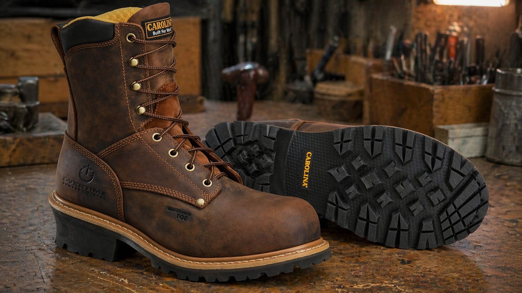 rugged brown men work boots with visible outsole on a workshop bench
