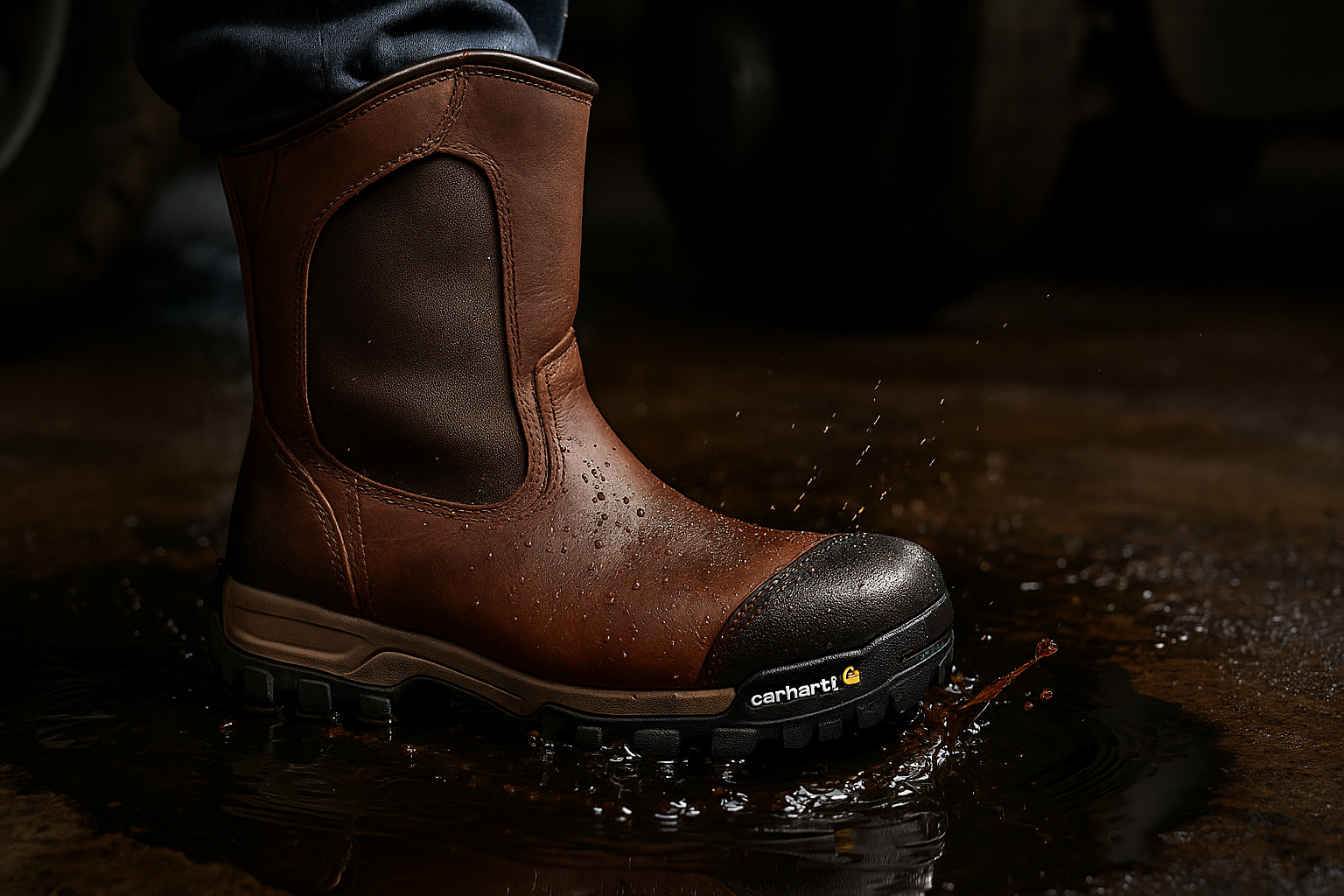 Brown composite-toe Wellington work boot splashing through an oil puddle on concrete, showing tread and waterproof upper.