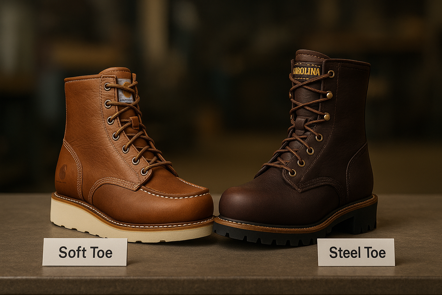 Soft toe vs steel toe work boots side by side on a workbench in an industrial shop, labeled for comparison.