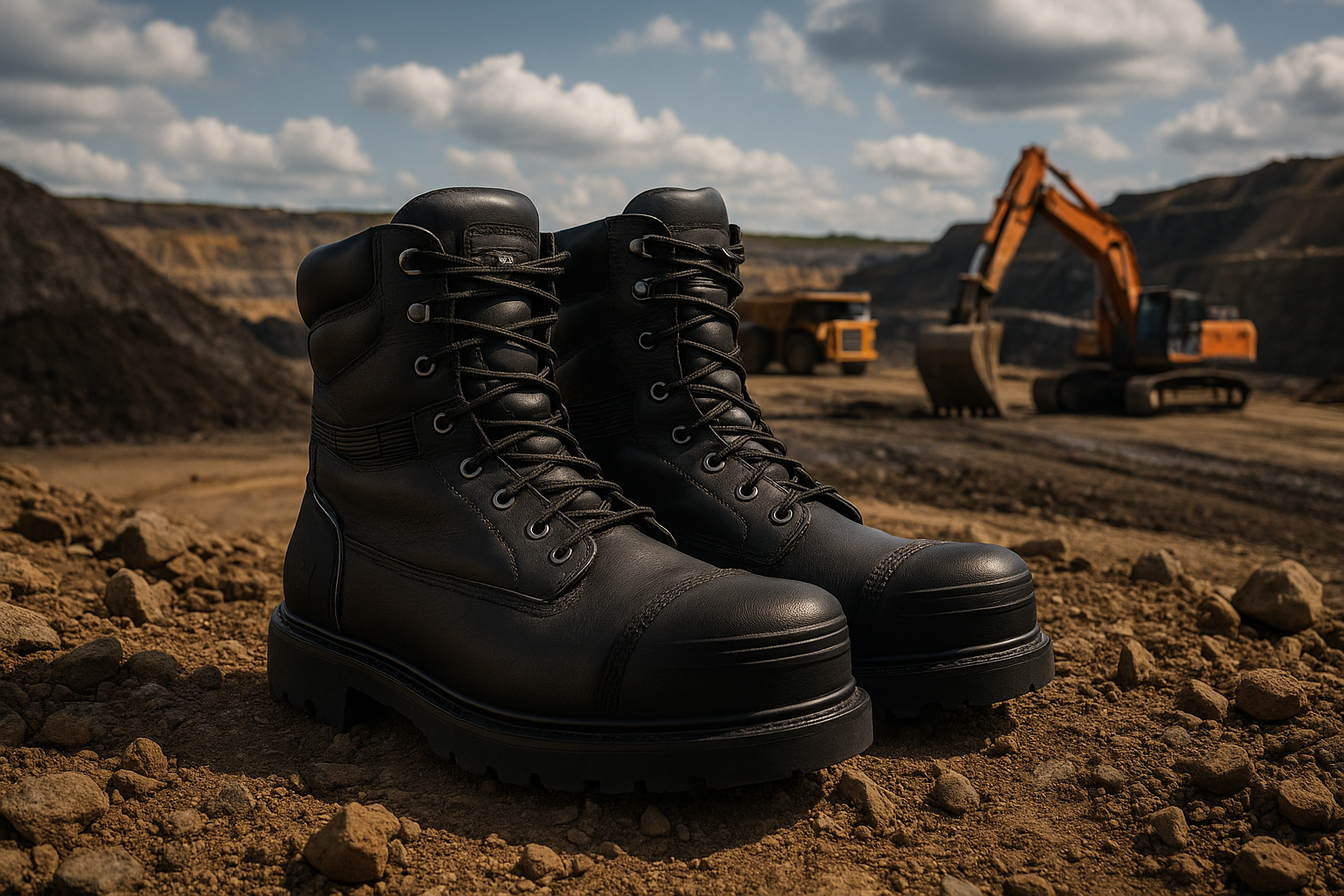 A pair of rugged black work boots resting on rocky dirt at an opencast mining site, with heavy machinery like an excavator and dump truck operating in the blurred background under a partly cloudy sky.
