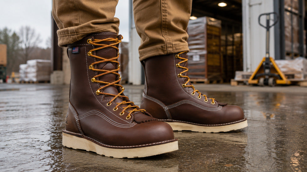Brown composite toe work boots on wet concrete at a warehouse loading dock, highlighting waterproof protection, slip-resistant traction, and rugged jobsite safety.