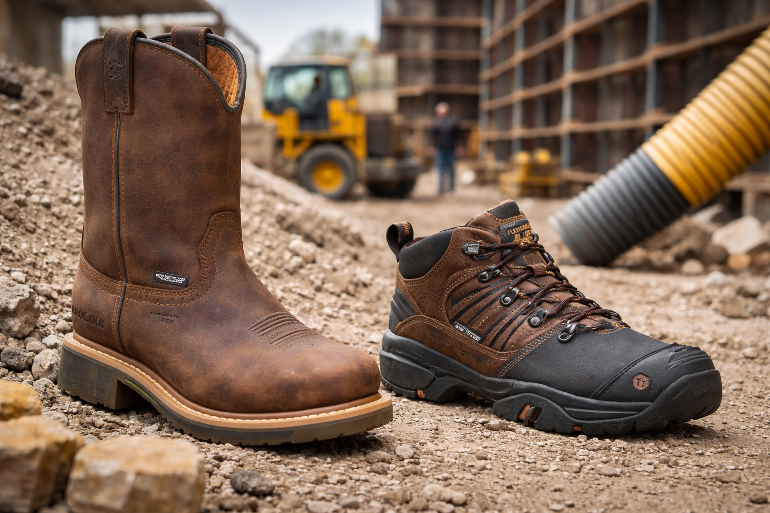 Brown pull-on work boot and brown-and-black safety work shoe shown side by side on a rocky construction site, comparing protection, support, and mobility for different job demands.