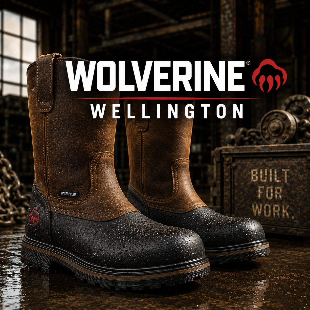 Wolverine Wellington collection banner showing brown leather waterproof pull-on wellington boots with black rubber vamps and lug outsoles