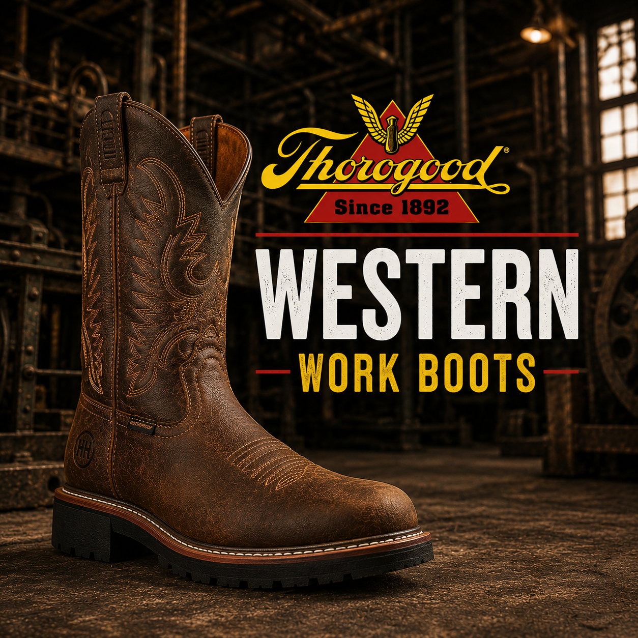 Thorogood Western Work Boots collection banner showing a brown leather waterproof pull-on western boot with stitched shaft and lug outsole