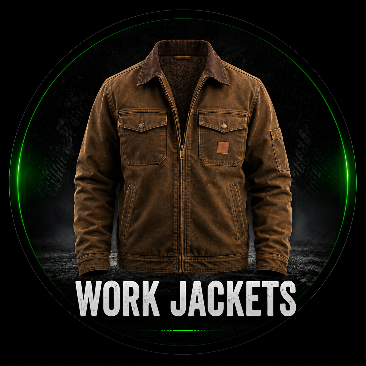 Work Jackets category — brown canvas work jacket with sherpa lining, corduroy collar and flap chest pockets