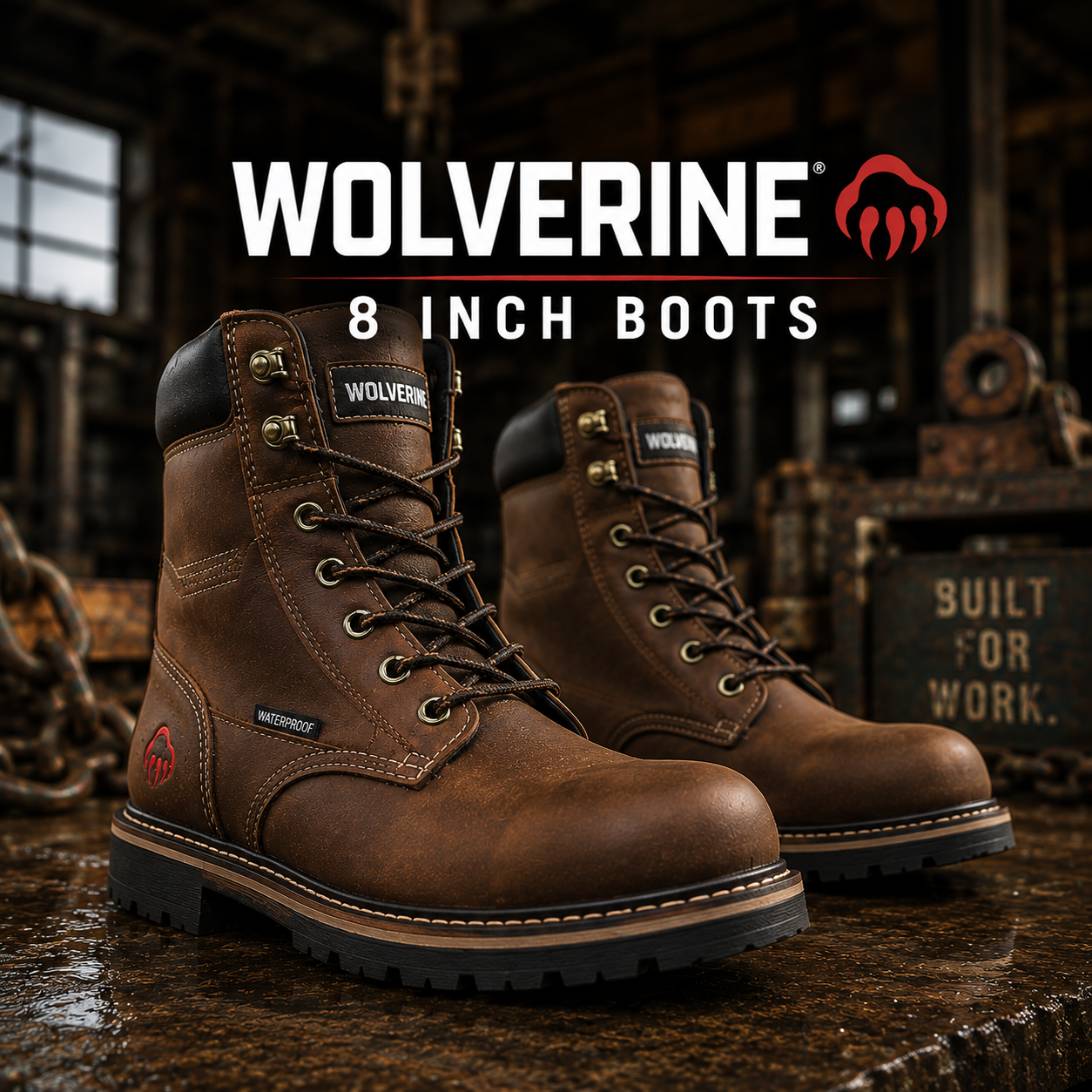 Wolverine 8 Inch Boots collection banner showing brown leather waterproof eight-inch lace-up work boots with lug outsoles