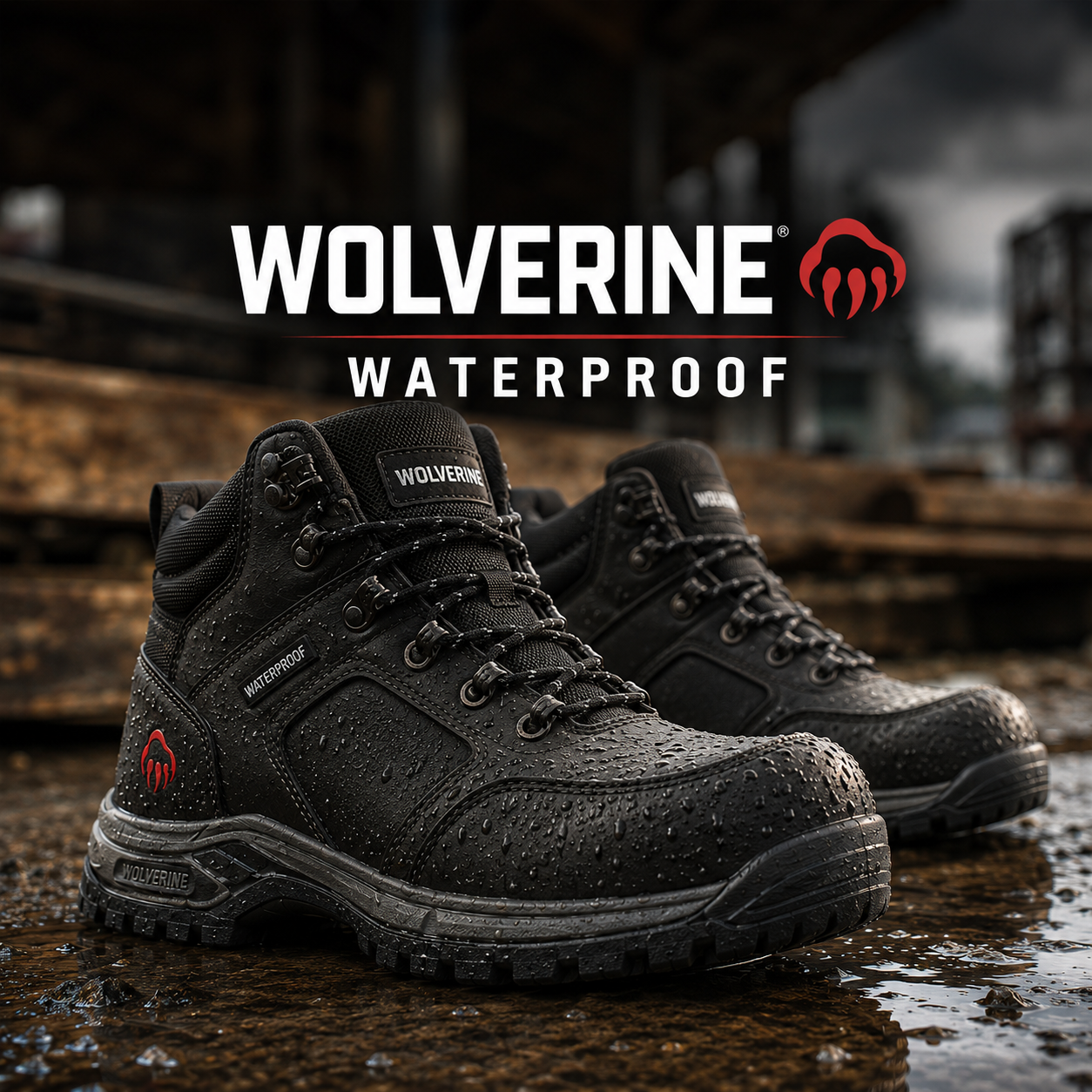 Wolverine Waterproof collection banner showing black waterproof mid-cut work boots with speed hooks and lug outsoles in the rain