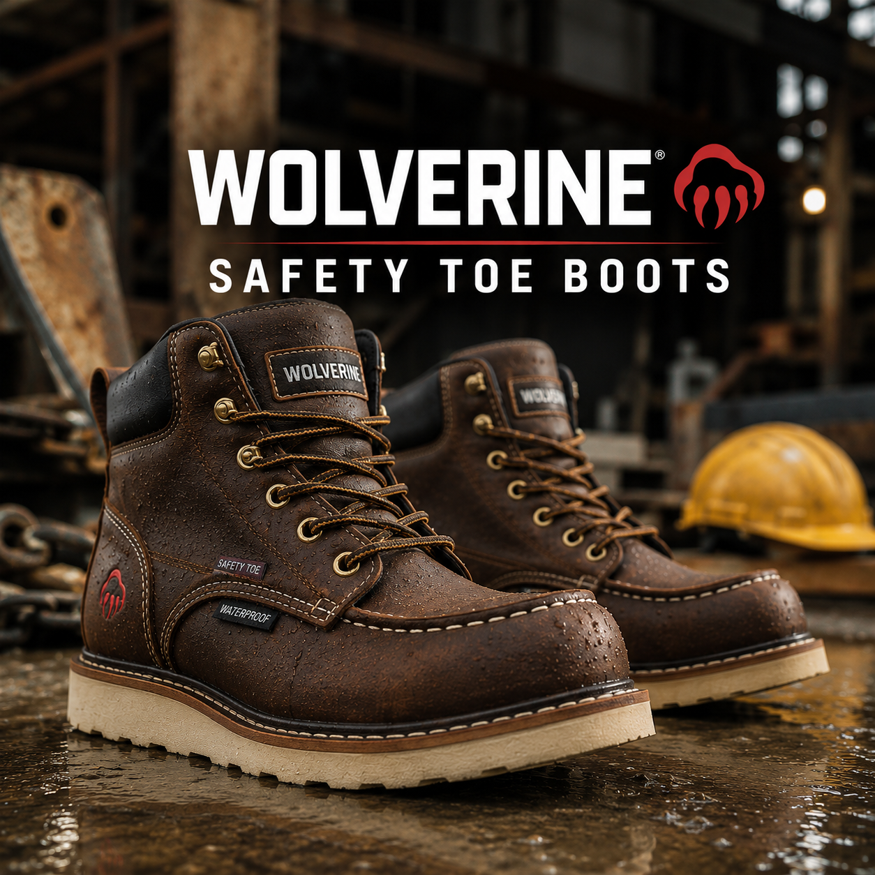 Wolverine Safety Toe Boots collection banner showing brown leather waterproof safety toe moc toe boots on wedge outsoles