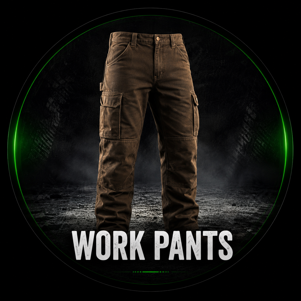 Work Pants category — brown canvas cargo work pants with flap side pockets, reinforced knees and hammer loop