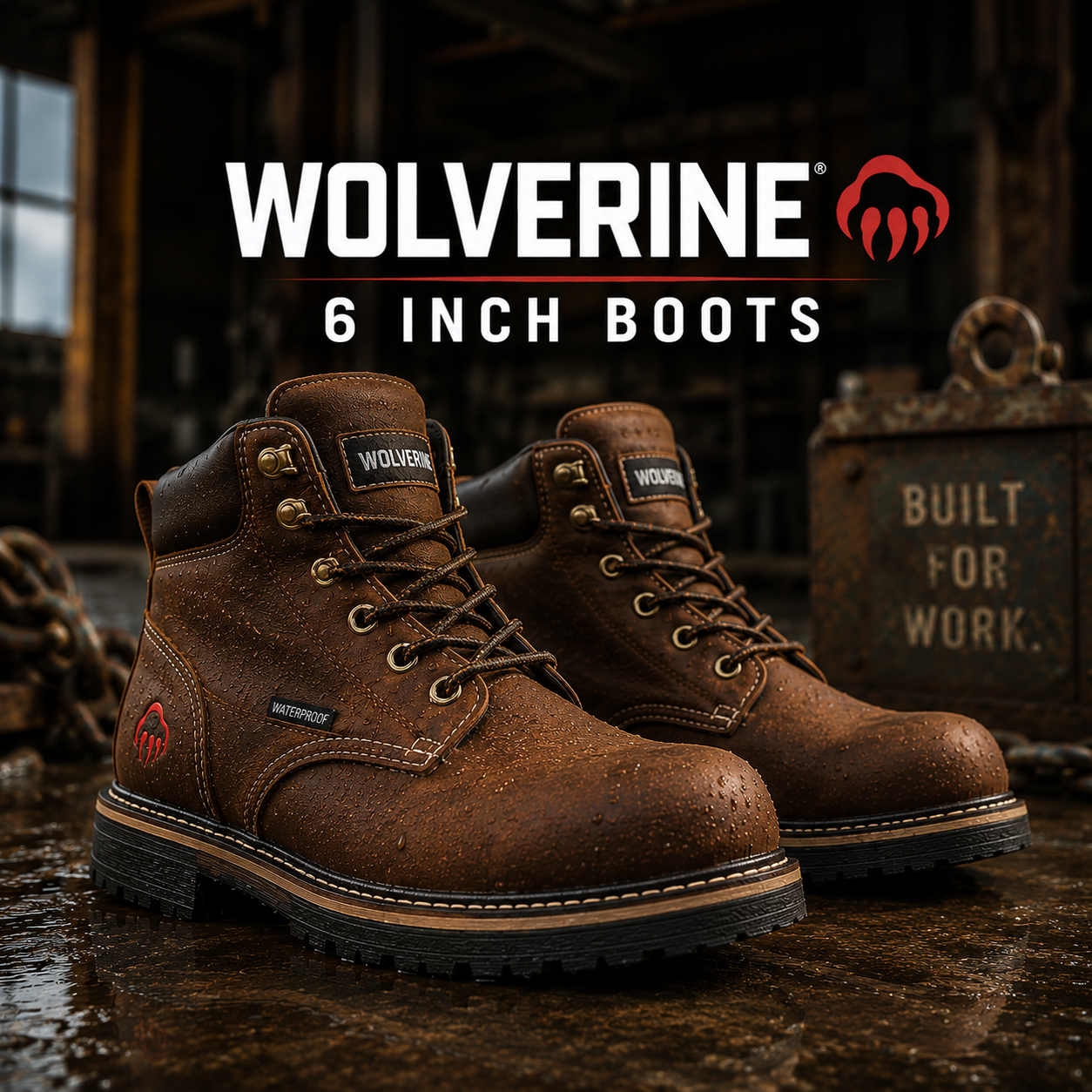 Wolverine 6 Inch Boots collection banner showing brown leather waterproof six-inch lace-up work boots with lug outsoles