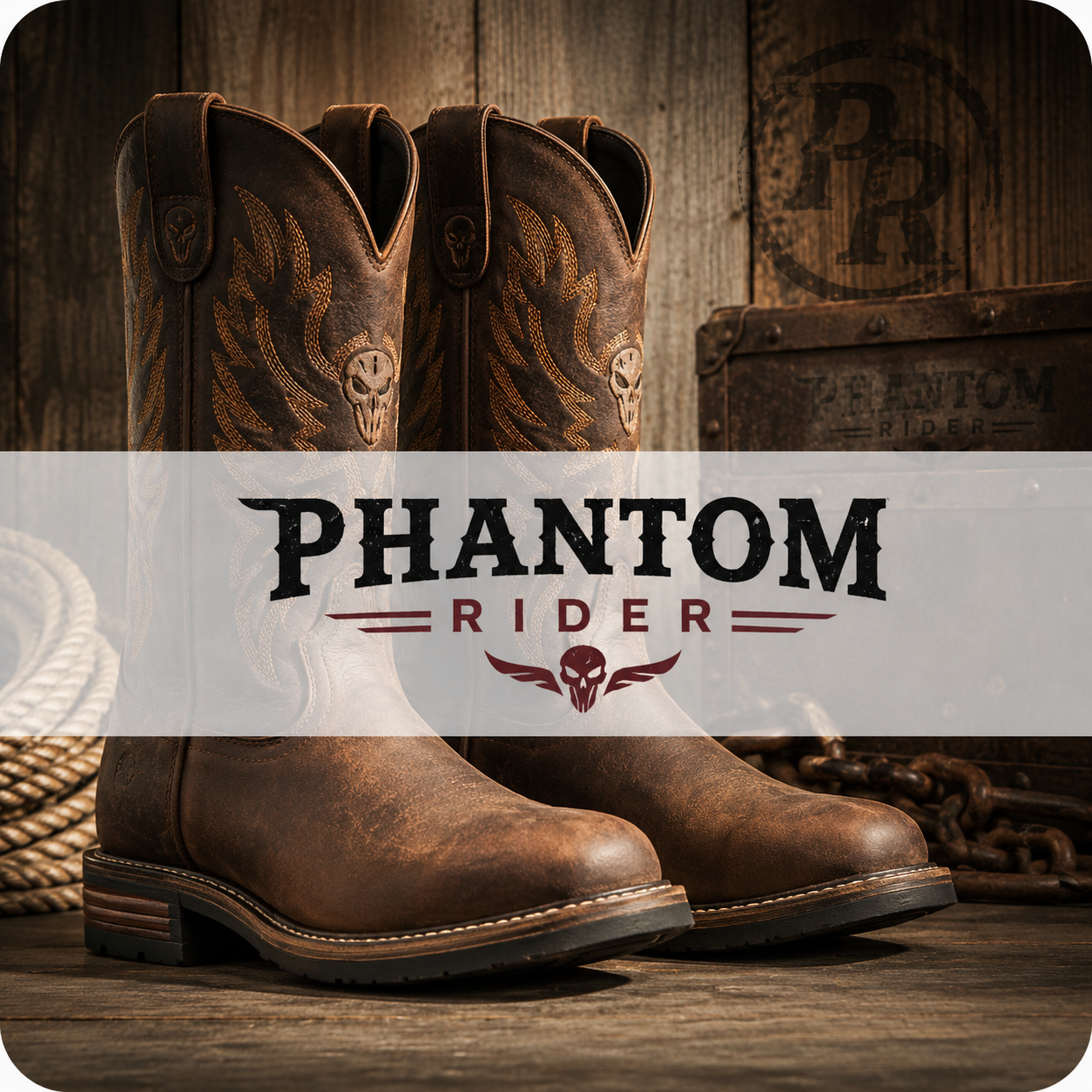 Phantom Rider collection banner showing brown leather square toe western work boots with skull and wing shaft embroidery