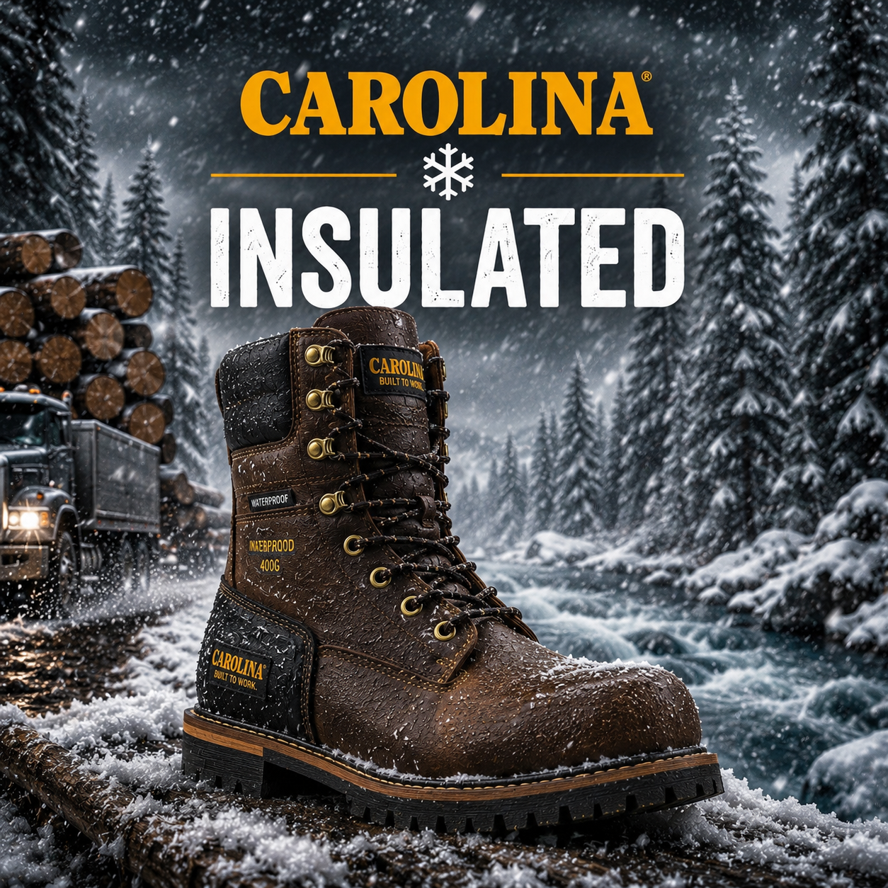 A brown Carolina insulated work boot is shown in a snowy mountain landscape at night, with large text reading 'CAROLINA INSULATED BOOTS' and smaller tagline text on the right side.