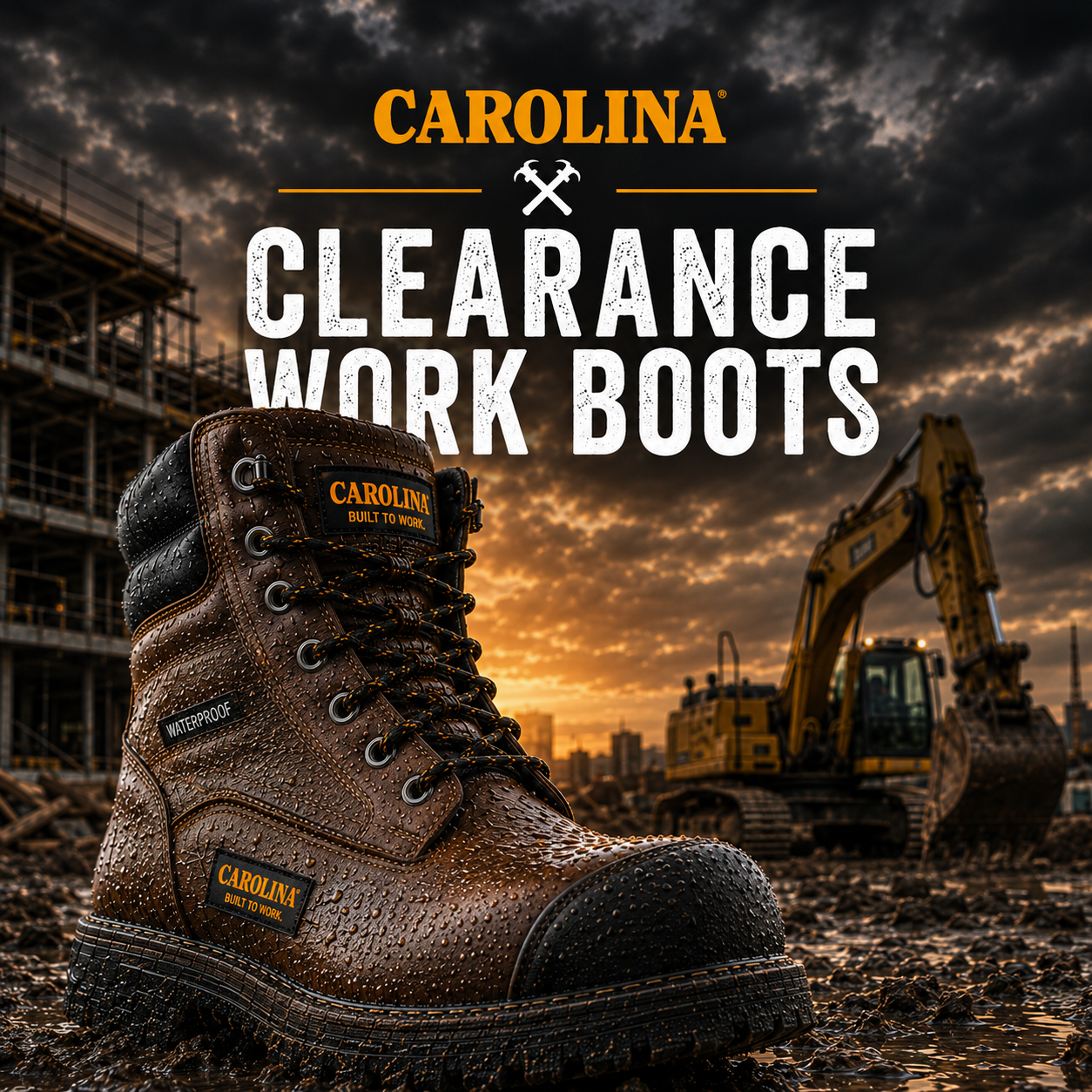 A single Carolina work boot is shown prominently on a dark industrial construction background, with large promotional text reading 'CAROLINA CLEARANCE WORK BOOTS' and supporting copy on the right.