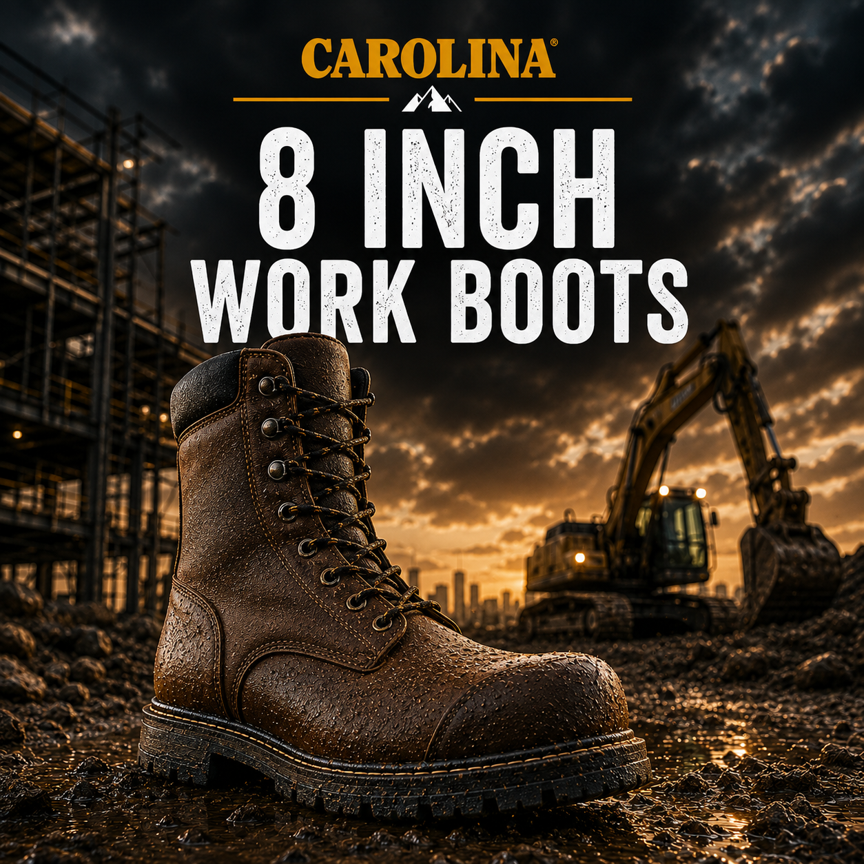 A brown Carolina 8-inch work boot shown prominently in the foreground on a muddy construction site at sunset, with excavators and workers blurred in the background.