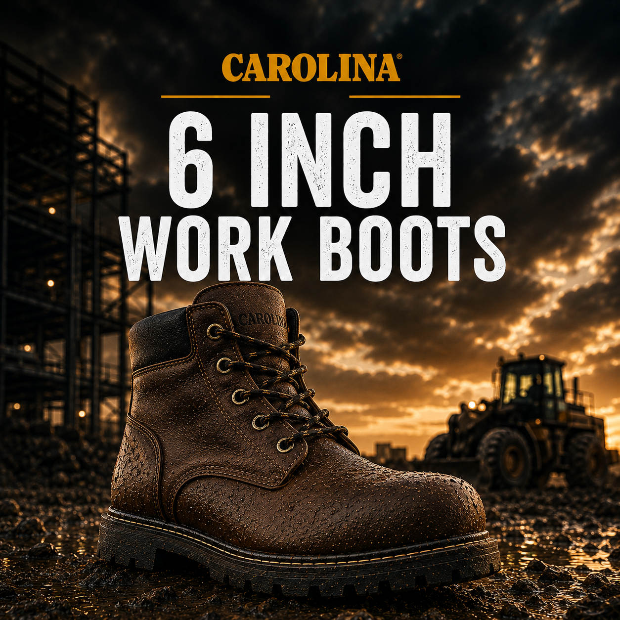 A pair of brown Carolina 6-inch work boots shown in a muddy construction site setting with an excavator in the background. The image features promotional text on the right side reading 'CAROLINA 6 INCH WORK BOOTS' with smaller tagline text below.