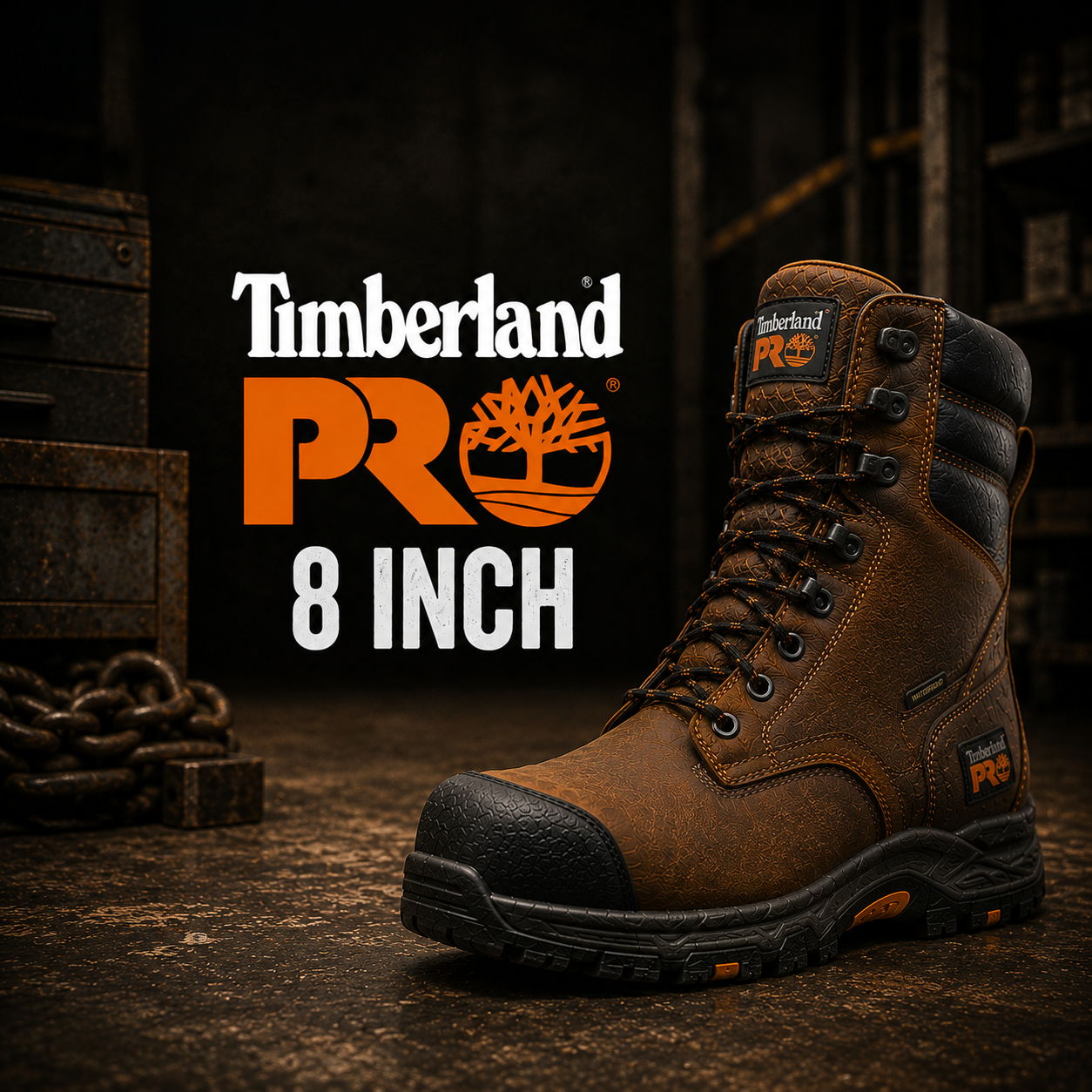 Timberland PRO 8 Inch collection banner showing a brown leather waterproof eight-inch work boot with rubber toe guard and lug outsole