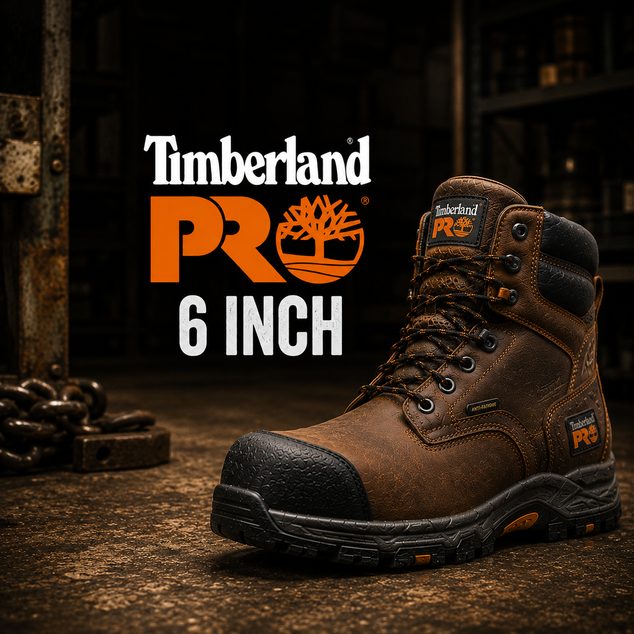 Timberland PRO 6 Inch collection banner showing a brown leather six-inch work boot with Anti-Fatigue technology, rubber toe guard and lug outsole