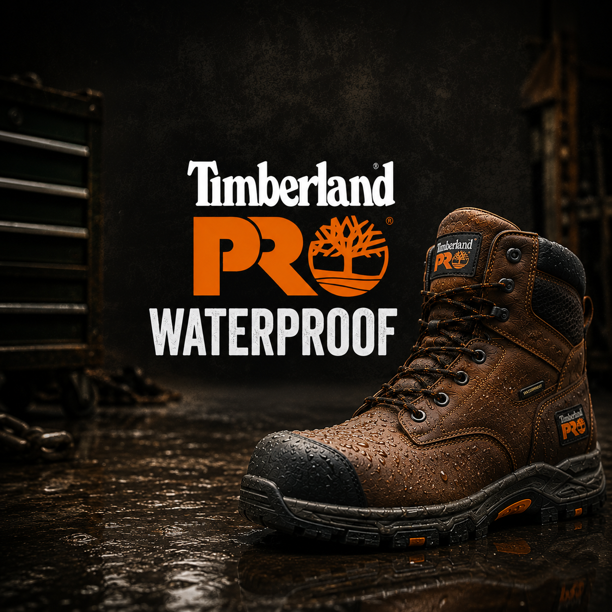Timberland PRO Waterproof collection banner showing a brown leather waterproof six-inch work boot with rubber toe guard on a wet floor