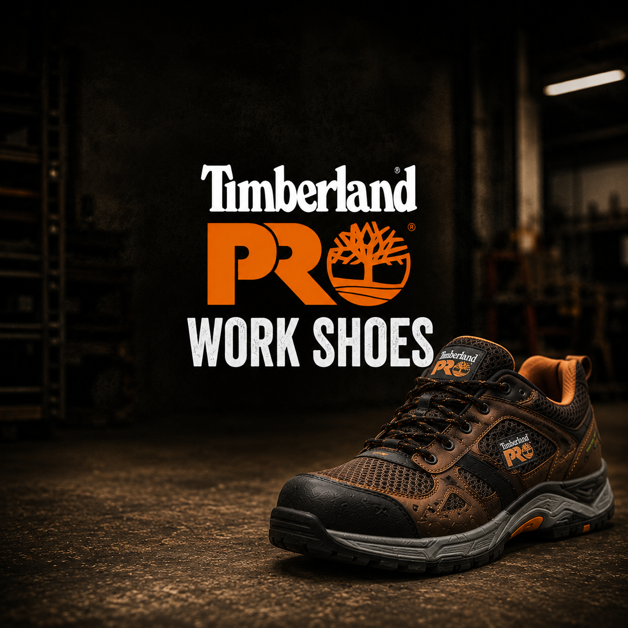 Timberland PRO Work Shoes collection banner showing a brown and orange athletic-style work shoe with mesh panels and reinforced toe overlay