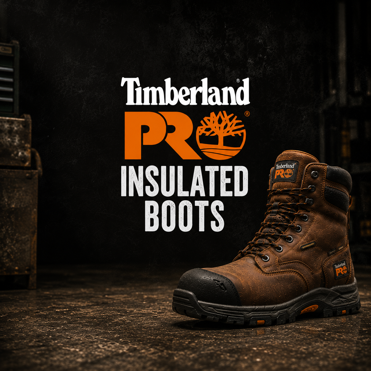 Timberland PRO Insulated Boots collection banner showing a brown leather eight-inch work boot with rubber toe guard and lug outsole
