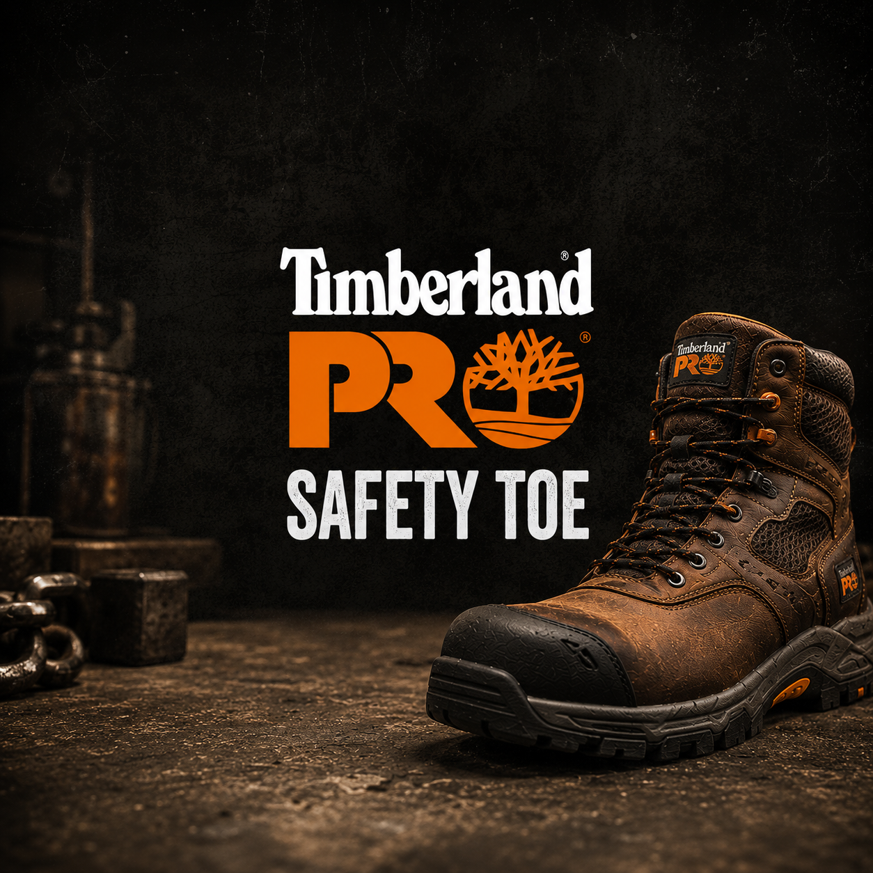Timberland PRO Safety Toe collection banner showing a brown leather six-inch work boot with rubber toe guard and lug outsole