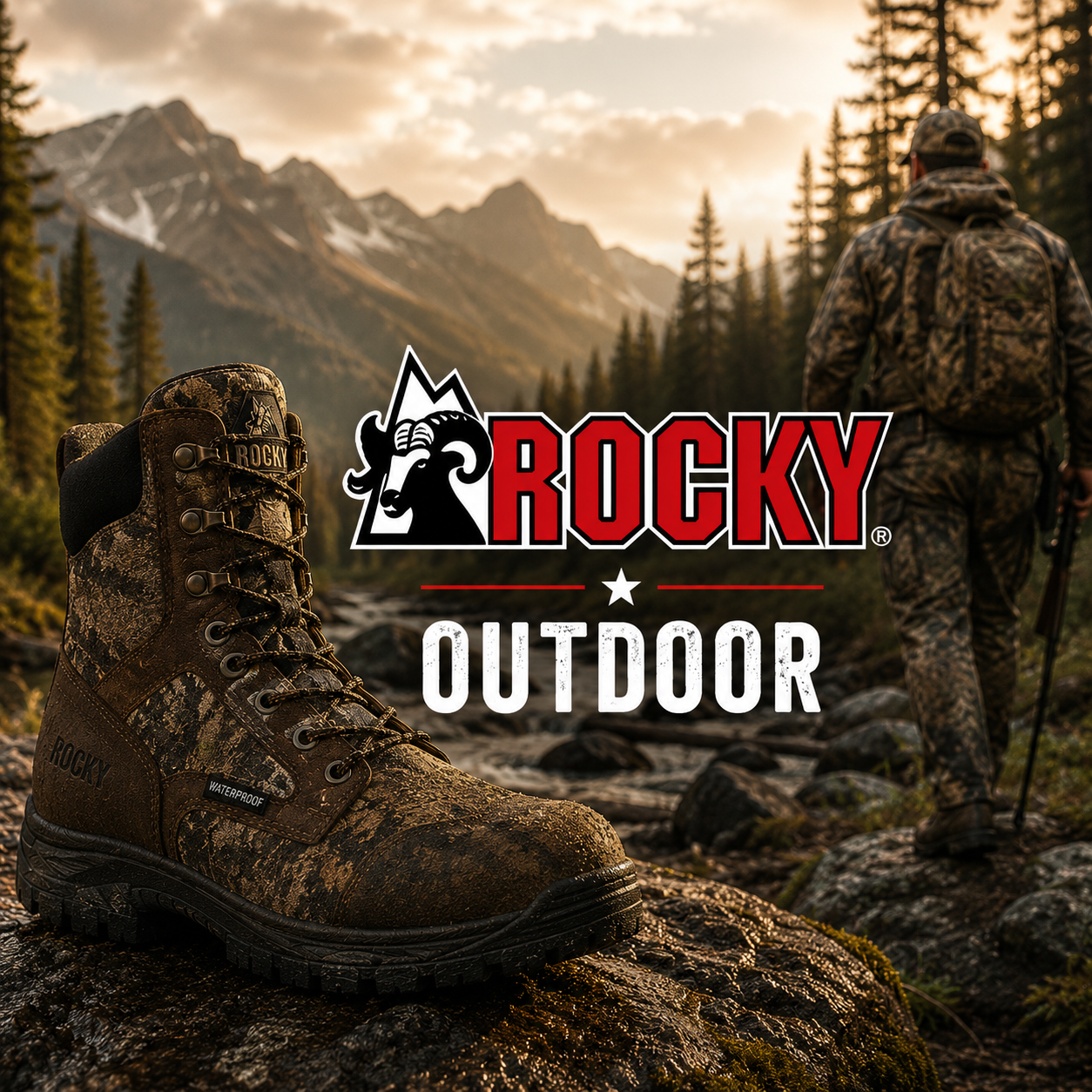 Rocky Outdoor collection banner showing a camo waterproof eight-inch hunting boot with padded collar and lug outsole on a mountain trail