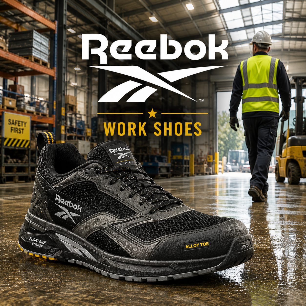 Reebok Work Shoes collection banner showing a black athletic work shoe with alloy toe, mesh upper and Floatride Energy midsole