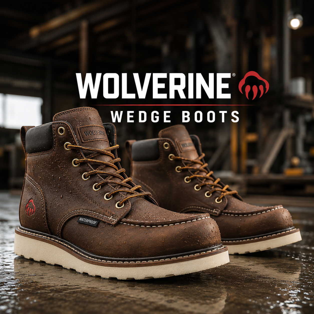 Wolverine Wedge Boots collection banner showing brown leather waterproof moc toe boots on white wedge outsoles