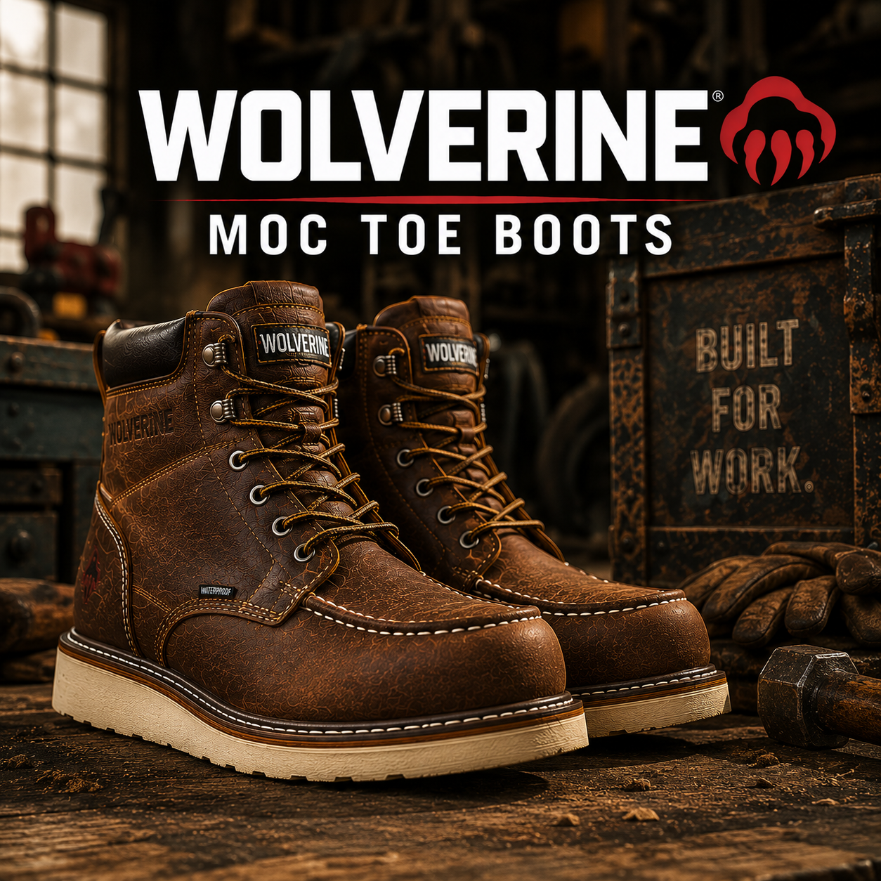 Wolverine Moc Toe Boots collection banner showing brown leather waterproof six-inch moc toe boots on white wedge outsoles