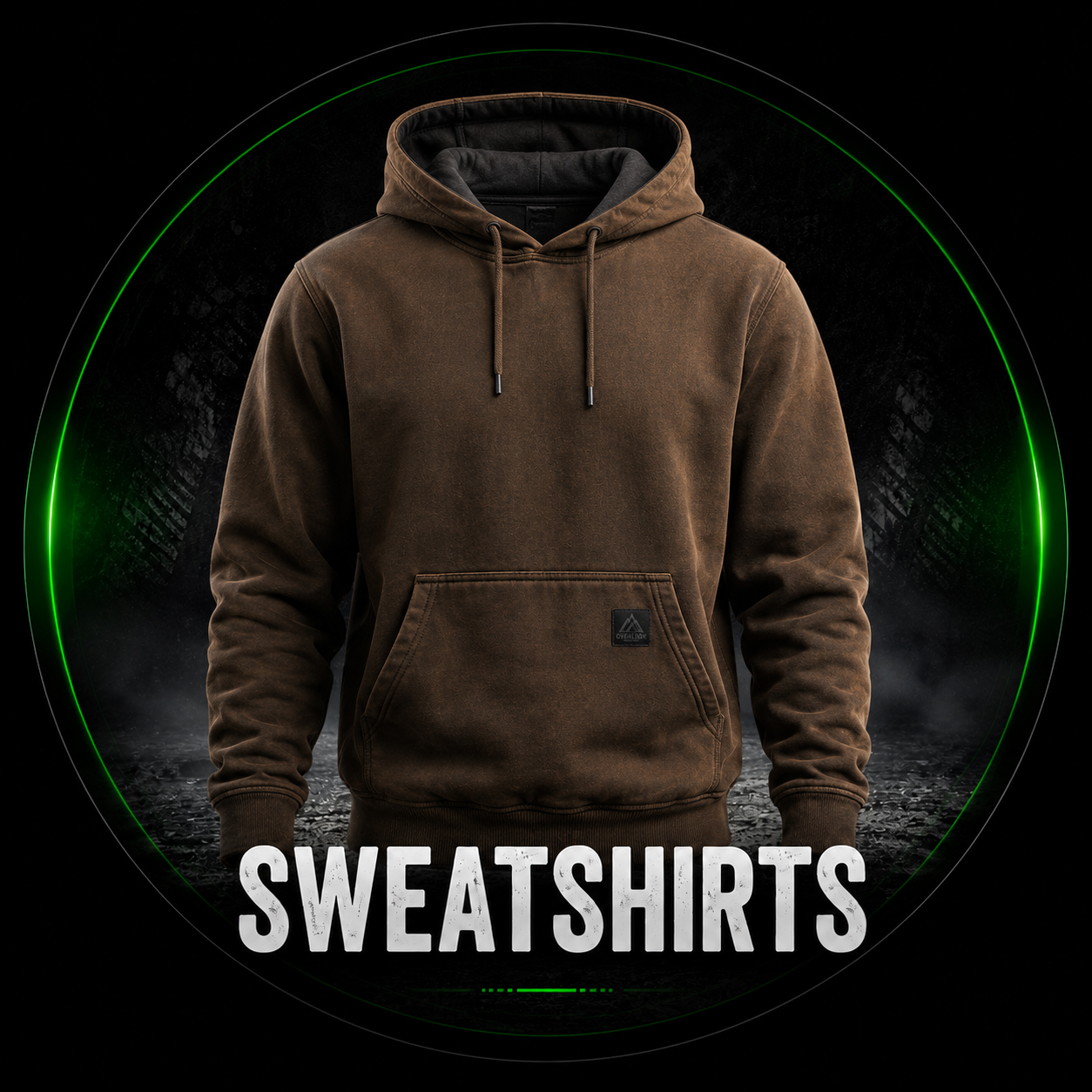Sweatshirts category — brown washed-canvas work hoodie with kangaroo pocket and Overlook logo patch on a dark circular badge