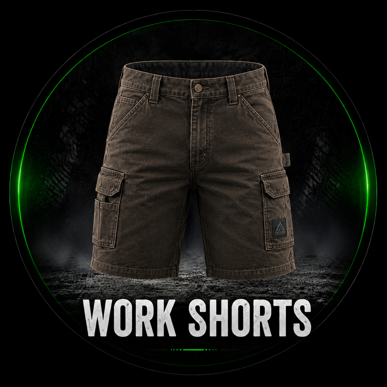 Work Shorts category — brown canvas cargo work shorts with flap side pockets, hammer loop and Overlook logo patch