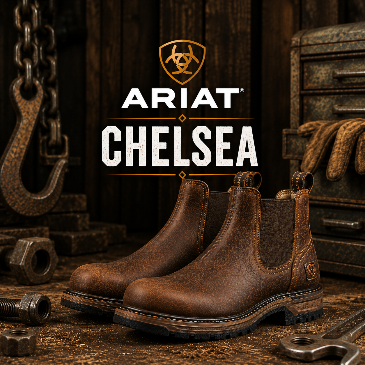 A pair of Ariat Chelsea boots in dark brown leather with black elastic side panels, displayed on a rustic wooden surface with industrial props and the Ariat Chelsea branding.