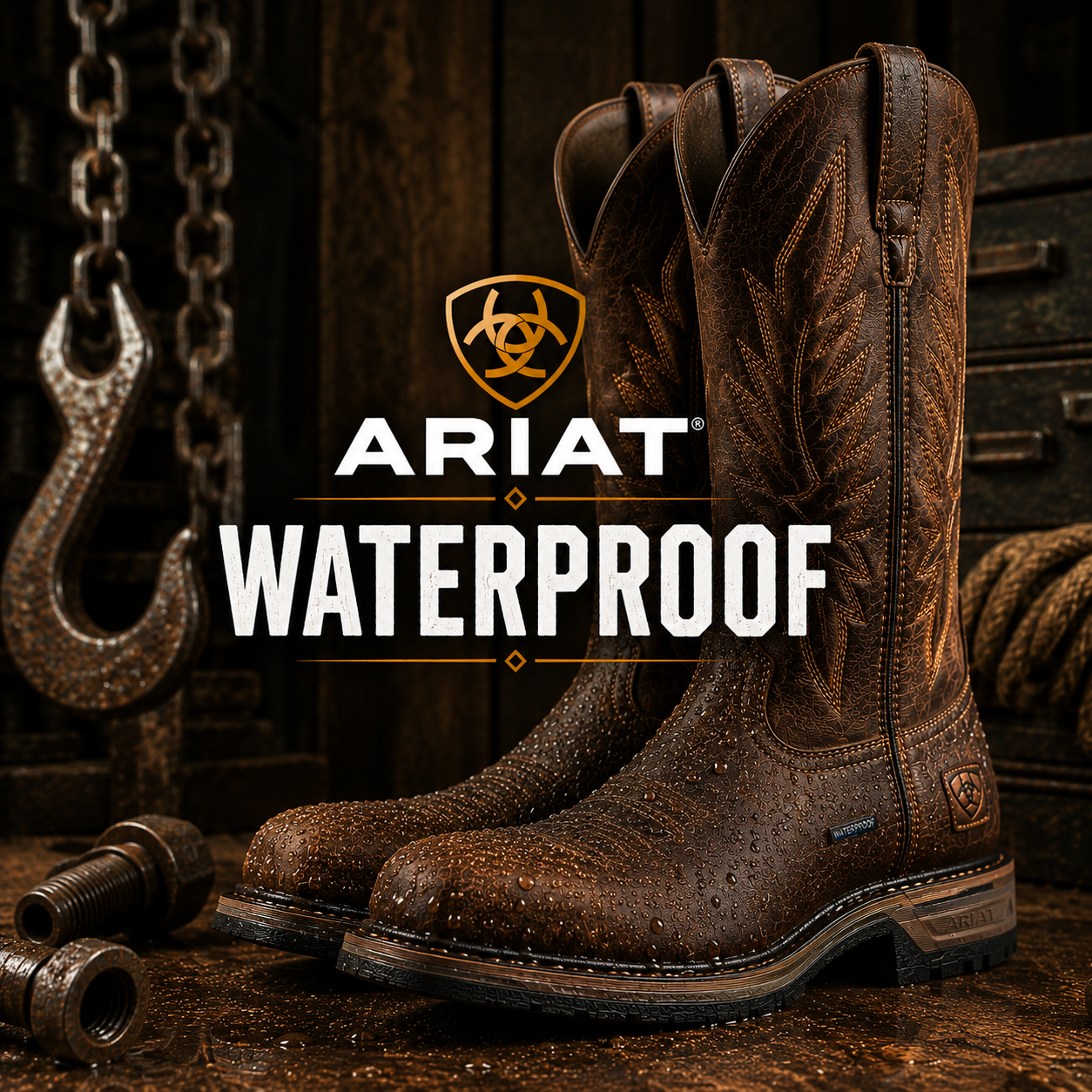 A pair of Ariat waterproof brown leather cowboy boots displayed against a dark rustic background with the text 'ARIAT WATERPROOF' and the Ariat logo.