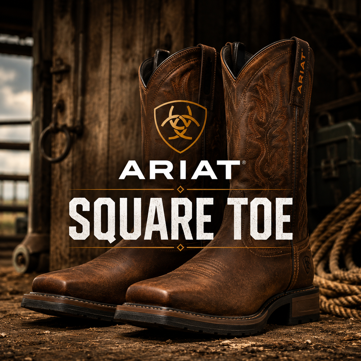 A pair of Ariat square-toe cowboy boots in brown leather, displayed on a rustic wooden surface with western-themed props and the Ariat brand logo and text overlay.