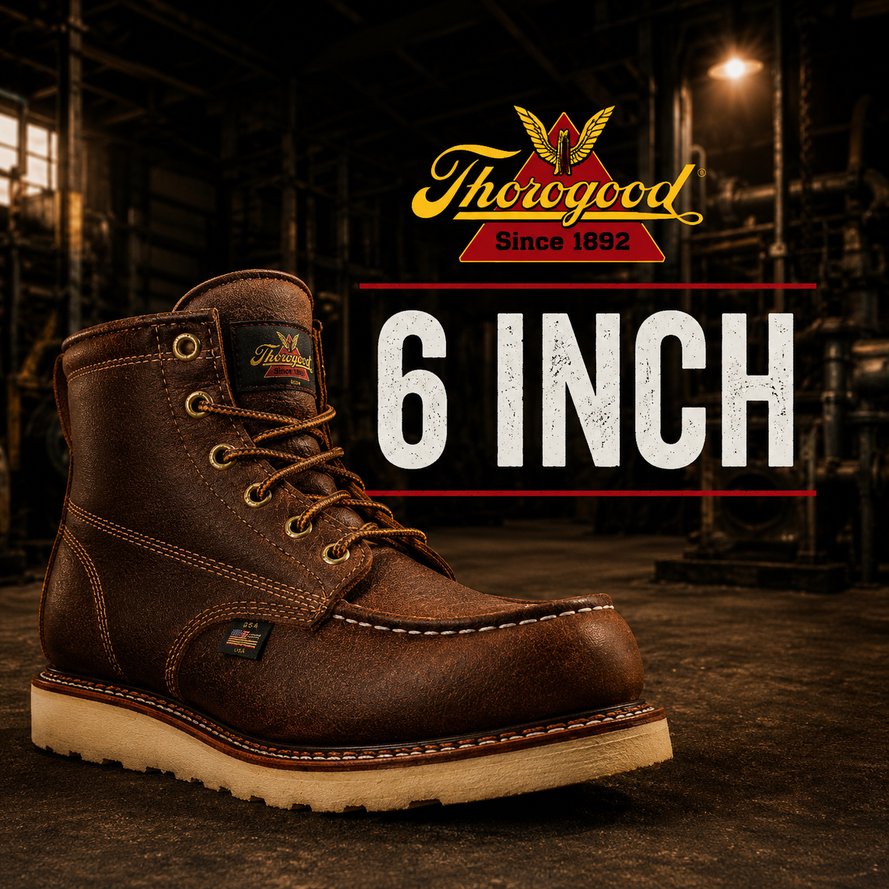 Thorogood 6 Inch collection banner showing a brown leather six-inch moc toe boot with USA flag tag on a tan wedge outsole