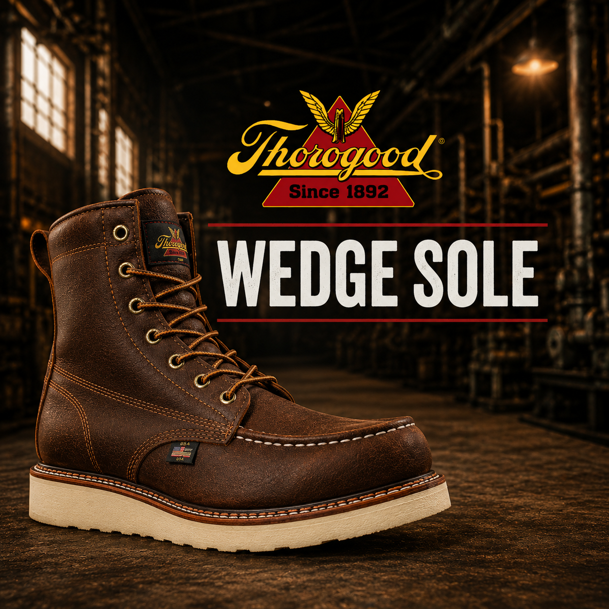 Thorogood Wedge Sole collection banner showing a brown leather moc toe boot with brass eyelets on a white wedge outsole