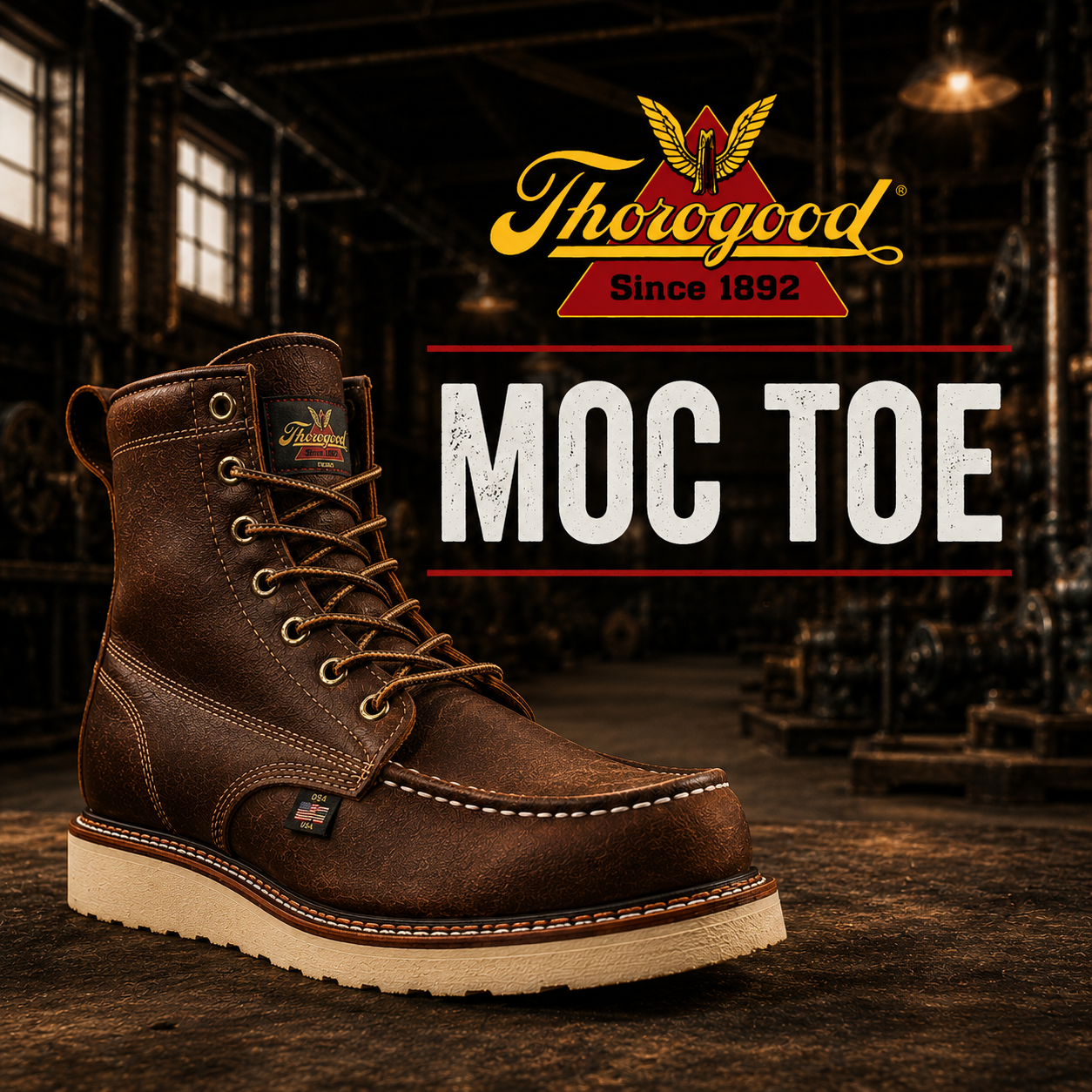Thorogood Moc Toe collection banner showing a brown leather moc toe boot with contrast apron stitching on a white wedge outsole